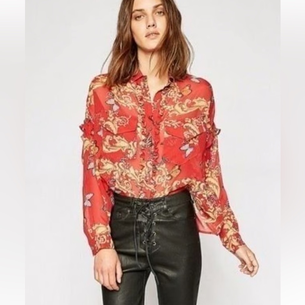 The Kooples ruffled leaf and Butterfly Print Red Blouse size M